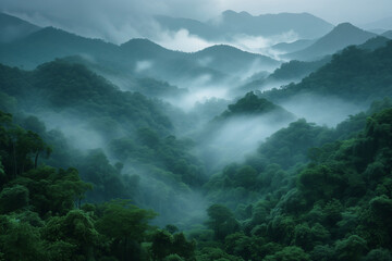 Fog-covered mountain range in the rainforest nature wallpaper background - obrazy, fototapety, plakaty