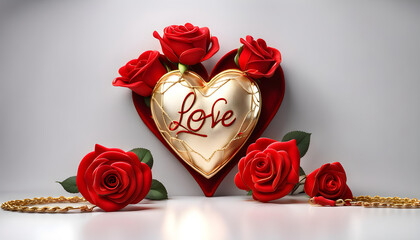 Amazing 3D red and golden ornamental love heart frame inlaid with three red roses on top