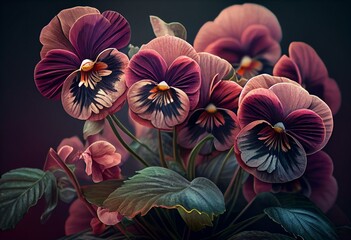 bunch of vintage pink pansy flowers, illustration. Generative AI