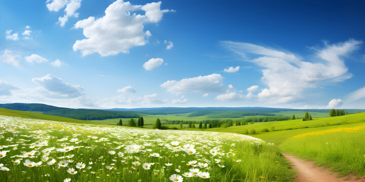 Summer panoramic landscape with blooming field of daisies in the grass, blue sky at daylight 