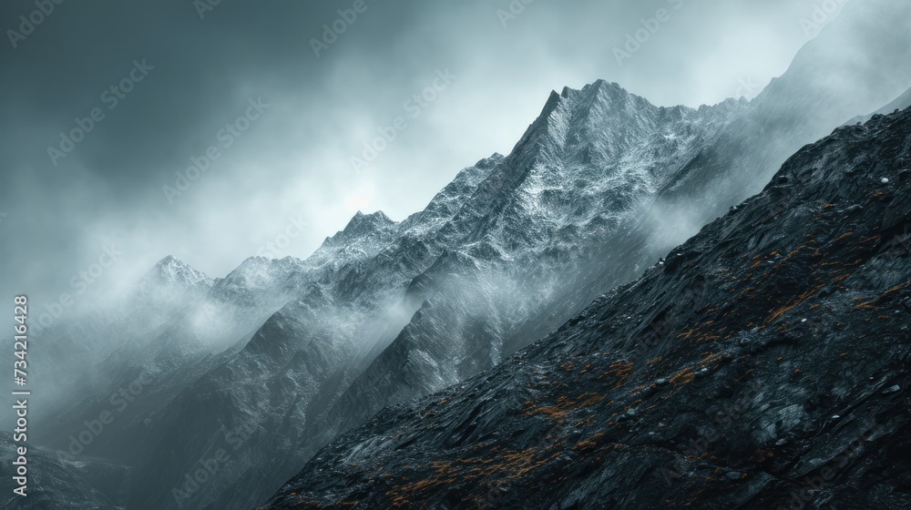 Poster a black and white photo of a mountain range with clouds in the sky and the top of the mountain parti