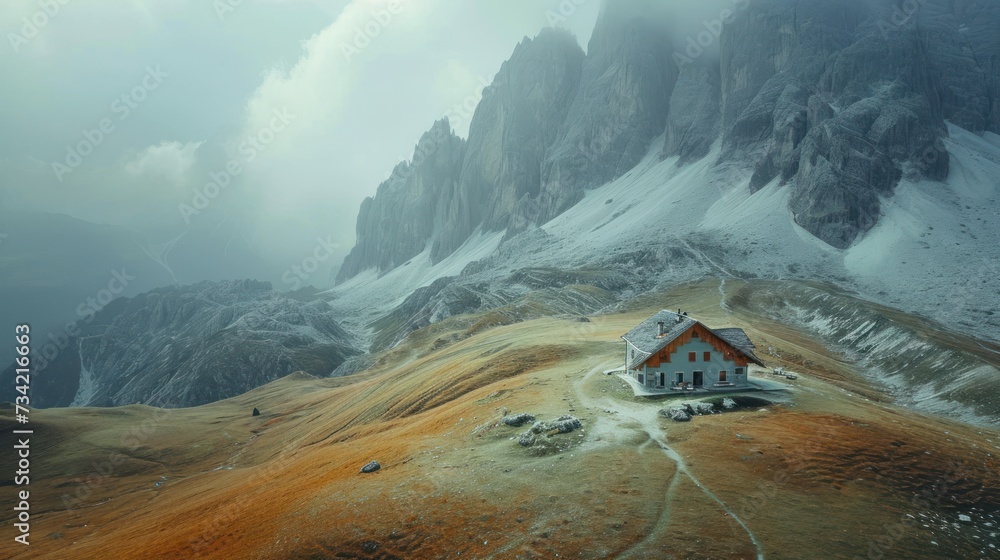 Poster a house in the middle of a mountain range with a snow covered mountain in the back ground and clouds