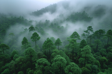 Dense forest shrouded in fog nature wallpaper background