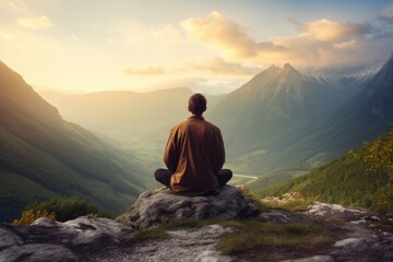 Naklejka na ściany i meble Meditation landscape and man sitting on a mountain top for mindfulness and spirituality. Peaceful, stress free and focus in nature with view, for mental health, Ai generated