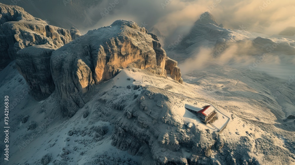 Poster an aerial view of a snow covered mountain with a small hut on the top of the mountain in the foregro