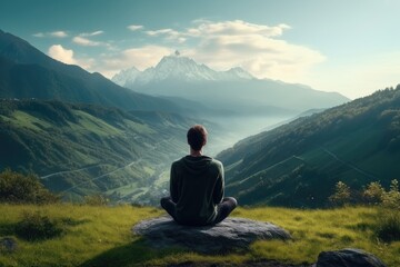 Fototapeta premium Meditation landscape and man sitting on a mountain top for mindfulness and spirituality. Peaceful, stress free and focus in nature with view, for mental health, Ai generated