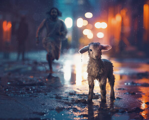 Jesus runs for the lamb in the city - 734217204