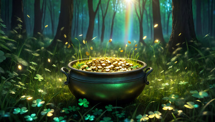 Banner with Pot of gold coins, clover leaves and rainbow. St. Patrick's day Celebration. Generative IA.