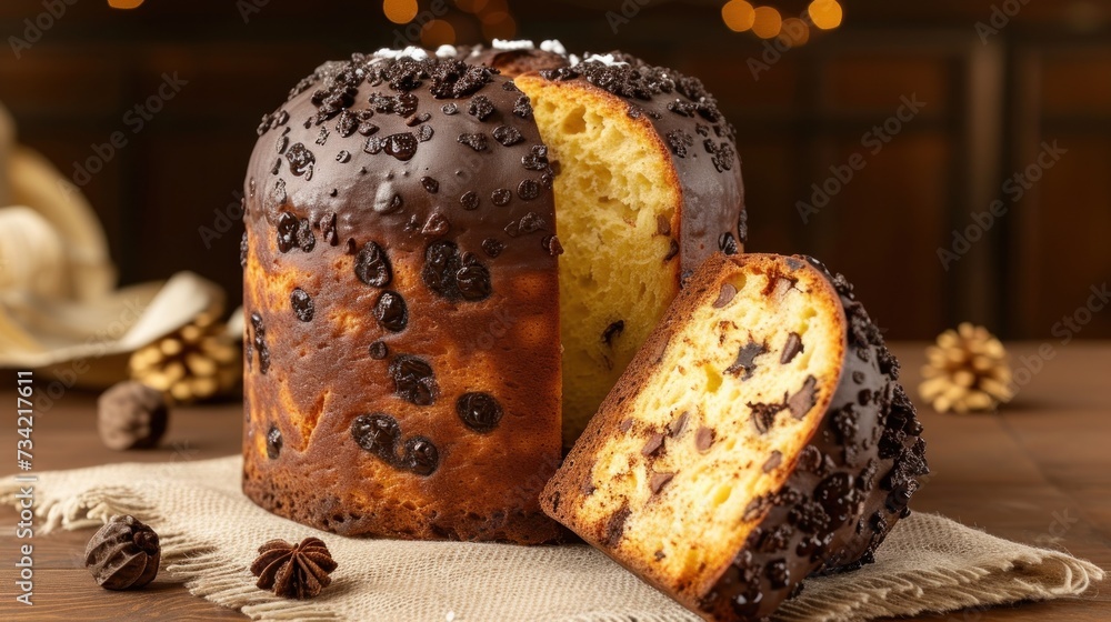 Poster a bundt cake with a slice cut out of it sitting on a napkin on a wooden table with a string of light