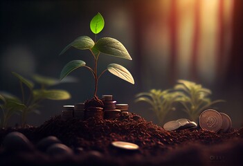 Saving concept by growing plants on coin stack isolated on blur landscape background. Theme of glowing young plant from seed in the forest. Finest generative AI