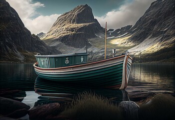 A boat on the Norwegian coast. Generative AI - obrazy, fototapety, plakaty