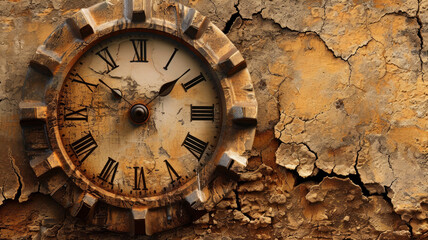 watch dial rusty metal case,on a cracked wall background concept of passing time
