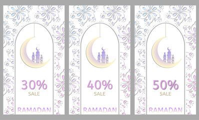 Ramadan sale, templates for instagram stories, discounts, vector, flower background, paper cut - 734218075