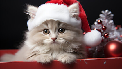 Cute kitten sitting, looking at camera, wearing winter cap generated by AI