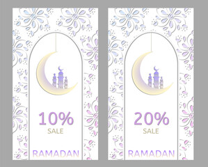 Ramadan sale, templates for instagram stories, discounts, vector, flower background, paper cut - 734218097