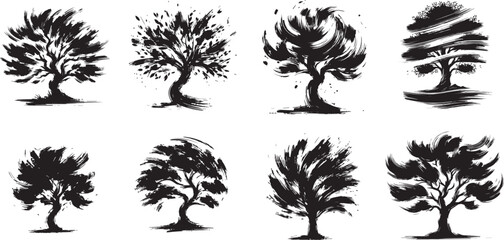 set of hand-drawn trees, beautiful doodle spruce, ink paint stroke,  black and white vector graphics