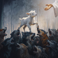 Lamb walking over wolves to Jesus
