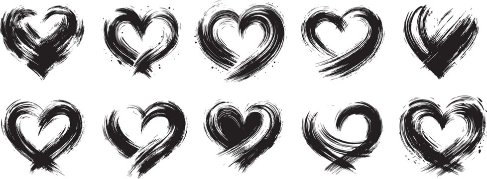 black and white vector set paint stroke, Grunge vector abstract hand - painted hearts. Set of black brush stroke and texture