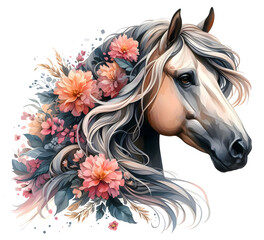 Obraz na płótnie Canvas Horse. Flowers. Head. Portrait. White Horse. Watercolor. Isolated illustration on a white background. Banner. Close-up. Generative AI