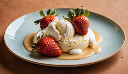 Scoop of vanilla ice cream with fresh strawberries and a dollop of whipped cream next to caramel sauce on light blue ceramic plate on pastel brown background.