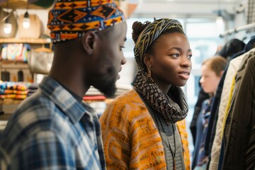 Obraz premium African Couple Contemplating Fashion Choices, Cozy Retail Space