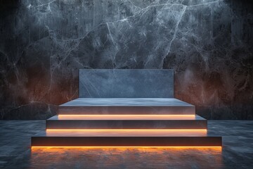Futuristic marble fashion show podium against a textured dark marble wall, accentuated by neon...