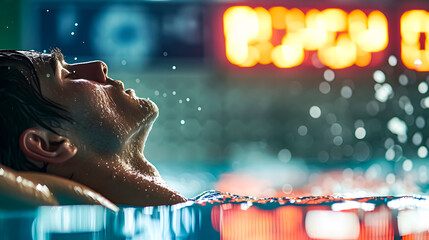 Swimming. Swimmer after finishing his career in the pool. Victory. Rest - obrazy, fototapety, plakaty