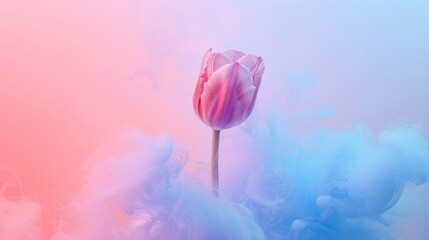  a single pink tulip in the middle of a blue, pink, and pink cloud of smoke on a pink, blue, pink, pink, and white background.