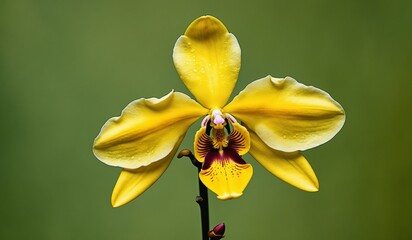 Macro photograph of a yellow lutea orchid, with a distinctive bee-like center, set against a soft green backdrop