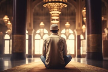 Prayer Islam and worship with men in the mosque for Allah ,Religious Muslim man praying inside the mosque, Ai generated