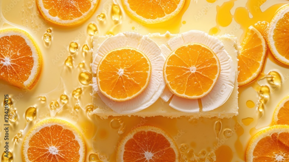 Poster a group of sliced oranges sitting on top of a yellow and white surface with drops of water on the to