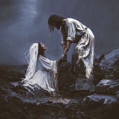Jesus rescues bride from the pit - obrazy, fototapety, plakaty