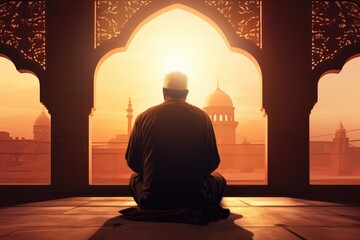 Prayer Islam and worship with men in the mosque for Allah ,Religious Muslim man praying inside the mosque, Ai generated