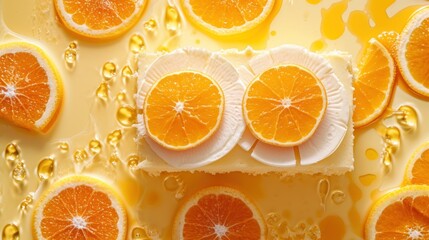  a group of sliced oranges sitting on top of a yellow and white surface with drops of water on the top of the slices and on the bottom of the slices.