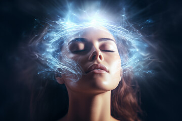 Portrait of a woman doing energy therapy session with abstract blue energy power flowing around her head. - obrazy, fototapety, plakaty