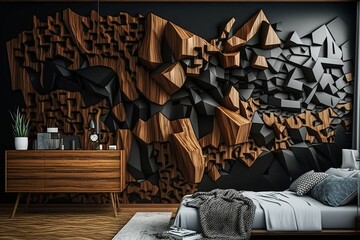 3D Wallpaper mosaic of solid wood particles and black painted Generative by AI