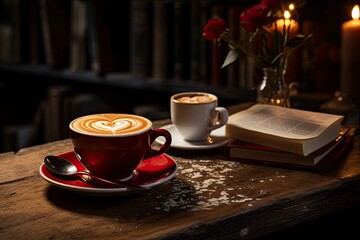 Welcoming scene cappuccino, heart in the foam, book., generative IA