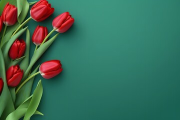 Banner with bouquet of red tulips on the green background.  © LUBKA