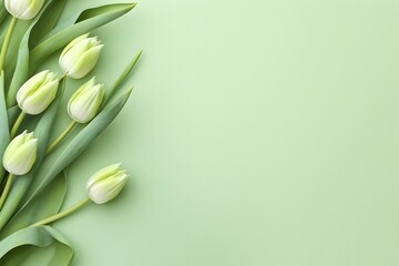 Banner with bouquet of white tulips on the green background.