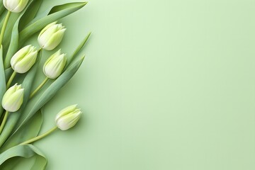 Obraz premium Banner with bouquet of white tulips on the green background.