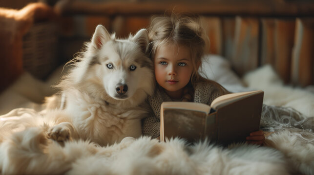 A cute little girl invites her to read a book with a Siberian dog in her bedroom.