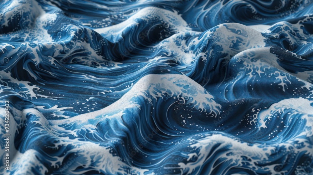 Poster a close up of a blue and white fabric with waves and snow flakes on the top and bottom of the fabric