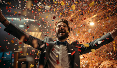 Obraz premium A man wearing a suit and bow tie is standing with his arms raised, surrounded by falling confetti