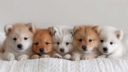 Group of cute Siberian puppies and Samoyed puppies. Adorable on isolated white background.