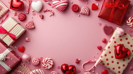  valentine's day presents on a pink background with hearts, candies, lollipops, lollipops, lollipops, lollipops and more.