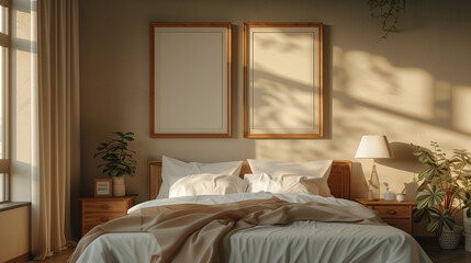 Fototapeta na wymiar Warm Sunset Light in a Modern Bedroom with Wooden Furniture