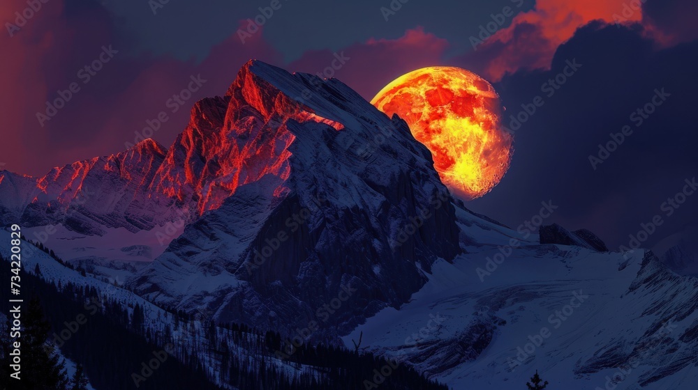Poster a mountain covered in snow with a red moon in the middle of the sky over the top of the mountain is 
