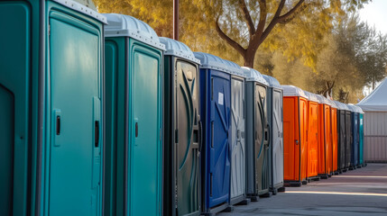 Portable Lavatories in Line: Side-by-Side View - obrazy, fototapety, plakaty