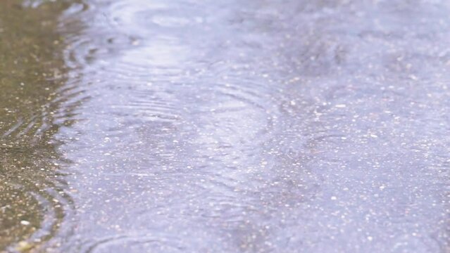 Leichter Nieselregen tropft in eine Pf&uuml;tze