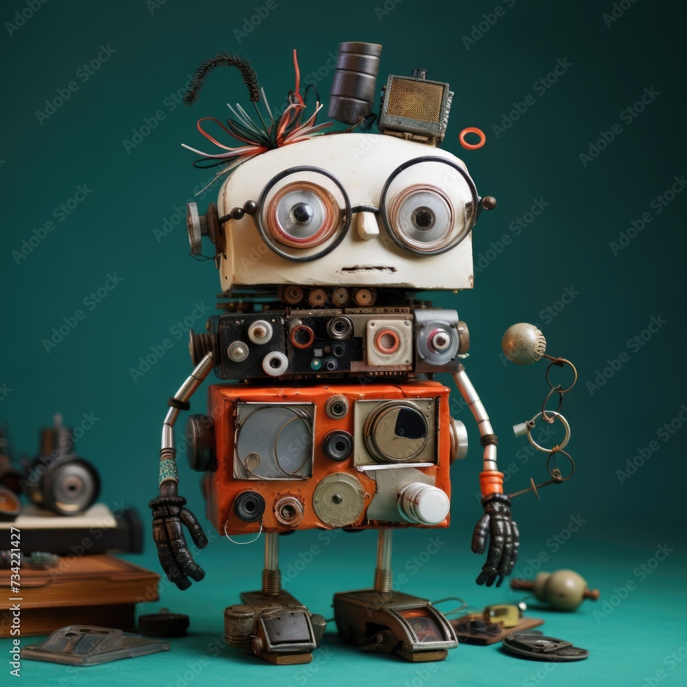 Poster a robot with glasses and a book on a green background. generative ai.